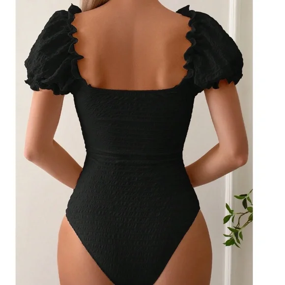 Boho Scoop Neck Puff Sleeve Cut out One Piece Swimsuit Monokini - Picture 7 of 8